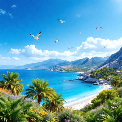 Primary subject: A beautiful beach scene with a mountain in the background.

Setting/background: The beach is surrounded by a lush green hillside, and there are mountains in the distance.

Visual style: The image is a photo of the beach and the surrounding landscape.

Colors and mood: The colors in the image are predominantly blue and green, with the blue ocean and green hillside creating a serene and calming atmosphere.